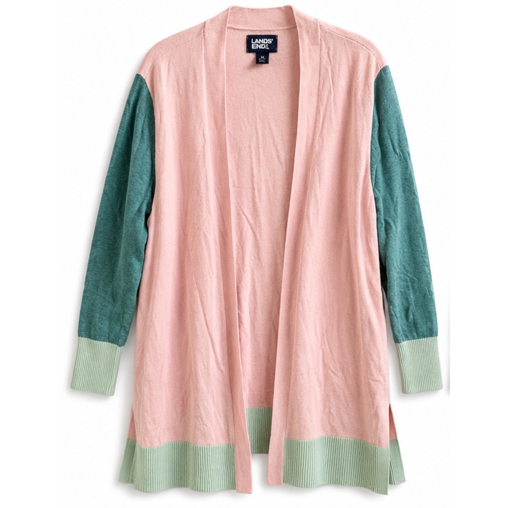 Lands End Womens 1X Pink Teal Colorblock Open Front Longline Cardigan Sweater